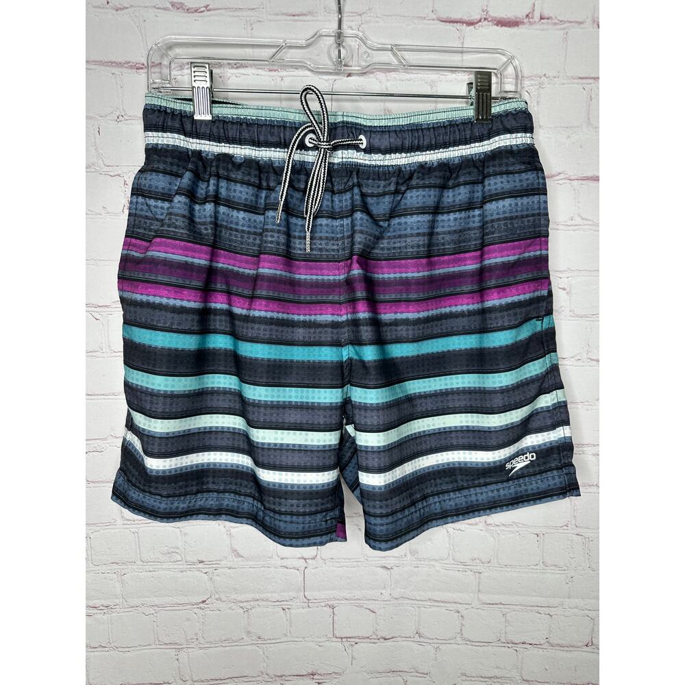 Speedo Grey Purple Teal Striped Swim Trunks Mens Medium